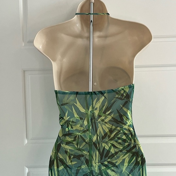 Tropical Print Sheer Drawstring Cinch Slit Thigh Dress Sexy Bodycon Stretch - Picture 10 of 16